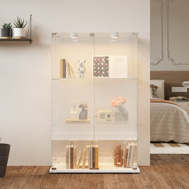 Marialyce Glass Display Cabinet with LED Lighting and Lockable Door, Showcase Cabinet for Collectibles, Books, Ornaments and Home Décor
