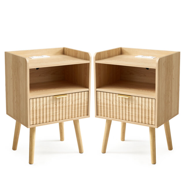 1 - Drawer Nightstand With Charging Station, Modern End Table With Open Compartment (Set Of 2)