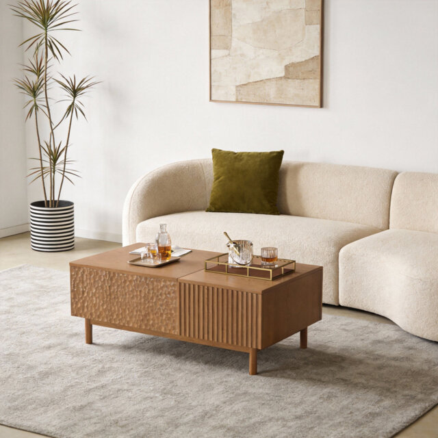 Modern Walnut Coffee Table With 2 Drawers & Lift Top, High-leg Design For Easy Cleaning, 130x70x49cm
