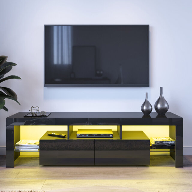 "Birchfield 160Lx35Wx45H cm High Gloss TV Stand/TV Cabinet, 2 Drawers 3 Storage, RGB Remote, 16W, Fits 65"" TVs"