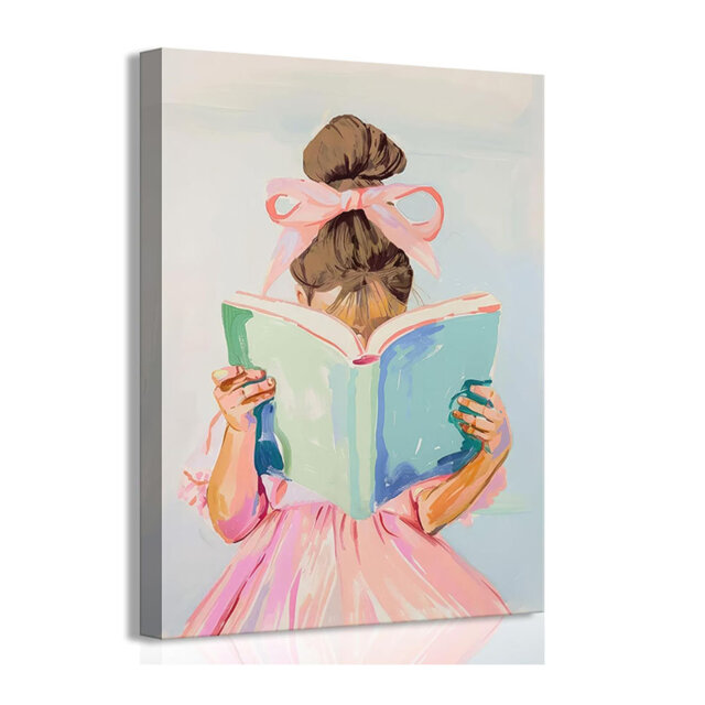 Brown Hair Girl Reading Book Canvas Wall Art Children Reading Wall Decor Picture Pastel Little Girl Poster Print Pink Bow Aesthetic Artwork For Galler