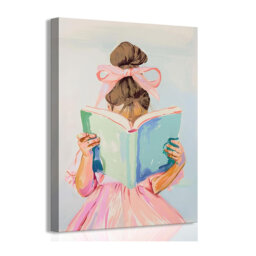 Brown Hair Girl Reading Book Canvas Wall Art Children Reading Wall Decor Picture Pastel Little Girl Poster Print Pink Bow Aesthetic Artwork For Galler