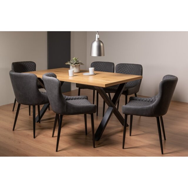 6 Seater Rectangular Wood Top Dining Table - 2 'X' Shaped Black Powder Coated Legs-&-6-Upholstered Arm Chair Quilted With Diamond Stitched Pattern & S