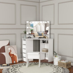 Corner Dressing Table With LED Light, Vanity Table With 5 Drawers And Stool