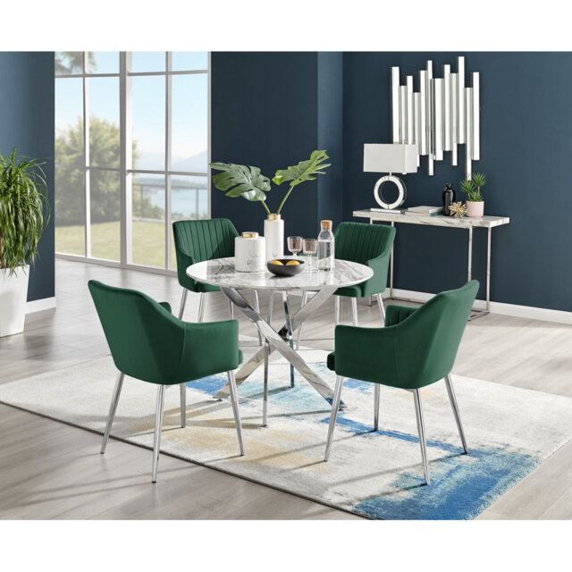 Tierra Modern Chrome Metal & Glass Round Dining Table Set with 4 Luxury Button Velvet Chairs