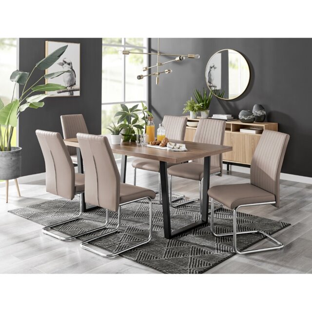 Kylooe Modern Brown Wood And Black Metal Dining Table Set With 6 Upholstered Faux Leather Chairs