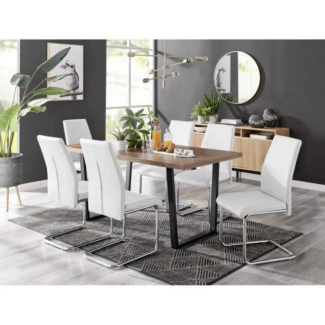Kylooe Modern Brown Wood And Black Metal Dining Table Set With 6 Upholstered Faux Leather Chairs