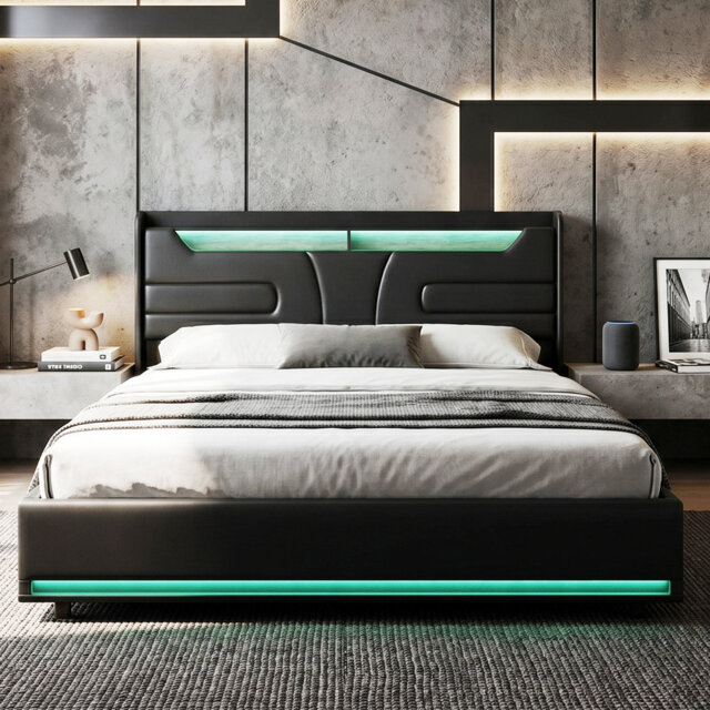 EU Double & King Faux Leather Ottoman Bed with Dual-Zone LED & Charging Shelf, Black PU Floating Storage Bed, 140/160x200cm