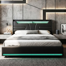 EU Double & King Faux Leather Ottoman Bed with Dual-Zone LED & Charging Shelf, Black PU Floating Storage Bed, 140/160x200cm