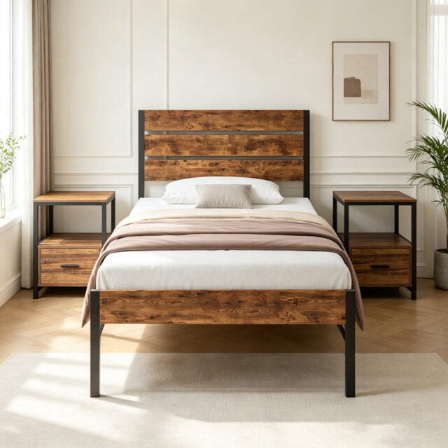 3 Piece Bedroom Set, Industrial Bed Frame with 2 Nightstands Set, Metal Platform Bed with Wood Headboard & Footboard, Farmhouse Bedroom Furniture Set