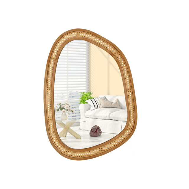 Rattan Decorative Wall Mirror, 85X60cm Large Irregular Wooden Framed Hanging Vanity Mirror