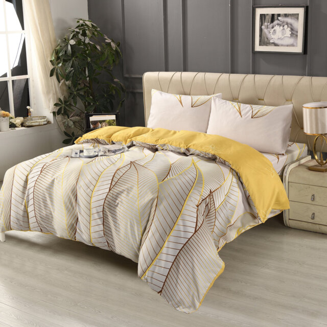 Bliss Complete Bedding Set Leaf Gold Duvet Cover Fitted Sheet With Matching Pillow Case