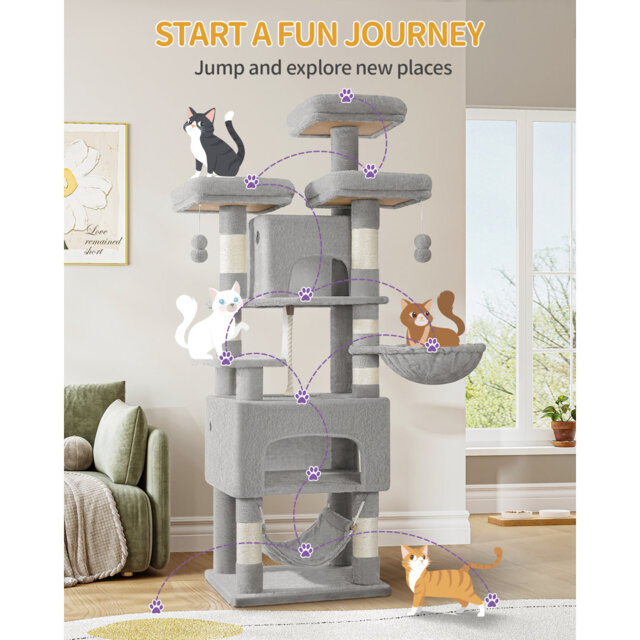 Cat Tree for Indoor Cats, 176cm Large Cat Tower, Multi-layer Scratching Post with 3 Platforms, 2 Caves, 7 Sisal Posts, Hammock, Pompoms, Heavy-Duty fo