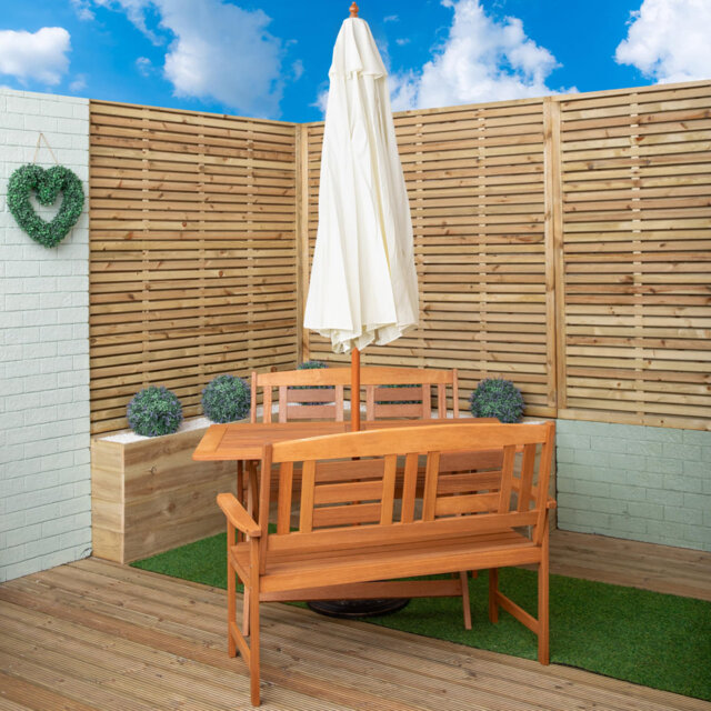 Gillian Outdoor Folding Rectangular Wooden Garden Dining Table Chairs And 2 Benches Parasol And Base Set
