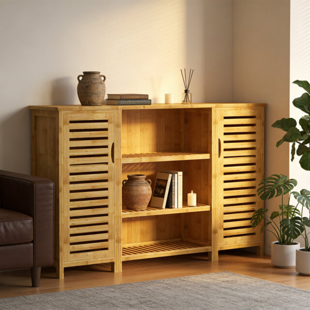 Modular Bamboo Bathroom Storage Cabinet – 3-Tier Open & Enclosed Shelving, 2-Door Free-Standing Organizer For Bathroom, Kitchen, Living Room