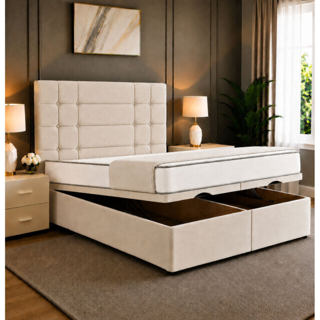 Elara Divan Ottoman Storage Bed Frame with Floor Standing Tufted Panel Headboard