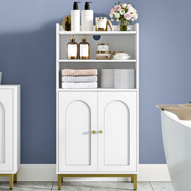 Bathroom Storage Cabinet, Slim Bathroom Floor Cabinet with 2 Door and Adjustable Shelf, Wooden Freestanding Storage Unit for Dining Kitchen Living Roo