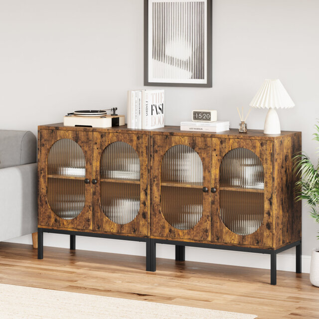 Boho Rattan Sideboard Buffet Cabinet with Changhong Glass Doors & Adjustable Shelf - Vintage Wooden Console with Metal Feet for Entryway & Living Room