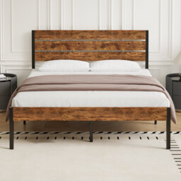 Single Double Size Platform Bed Frame with Rustic Vintage Wood Headboard, Mattress Foundation, Bed Frame with Strong Steel Slats Support, No Box Sprin
