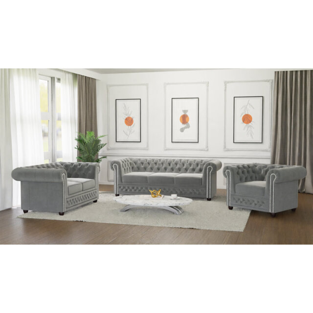 Chesterfield Hanna 3 Seater Sofa Made of Velvet Fabric with Solid Wood Legs