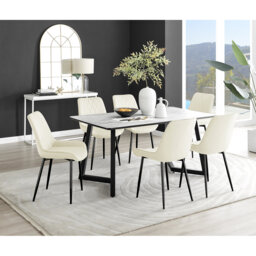 Industrial Design White & Grey Marble Effect Melamine Dining Table Set with 6 Luxury Velvet Chairs
