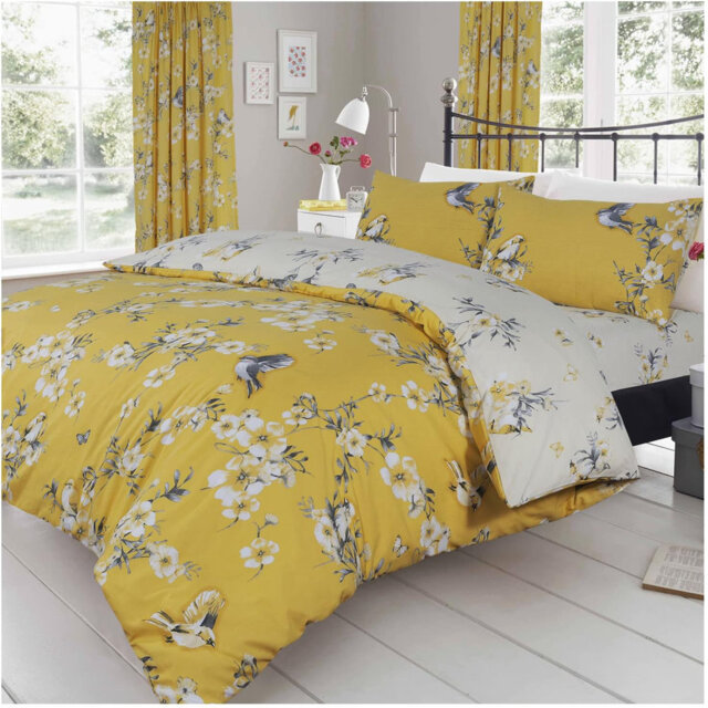 Birdie Blossom Duvet Cover and Pillowcases Set, Polycotton, Machine Washable, Soft Yarn Bedding