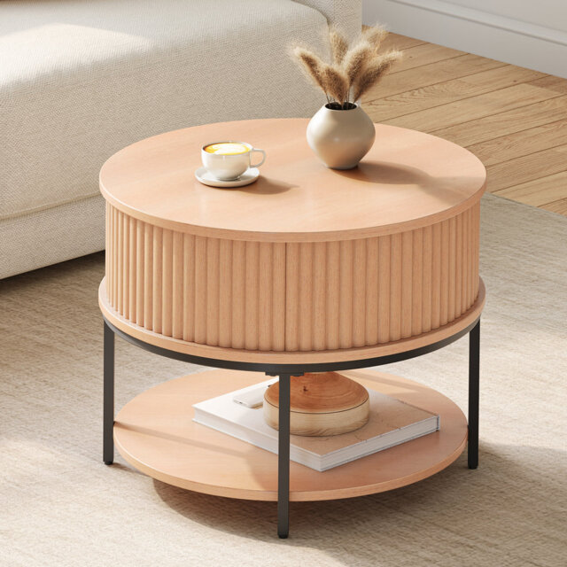 Lift-Top Coffee Table, Round Coffee Table With Fluted Design, Hidden And Open Storage For Living Room, Wood Color