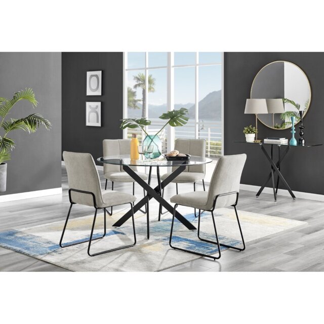 Tierra Modern Glass & Metal Round Dining Table Set & 4 Luxury Dining Chairs