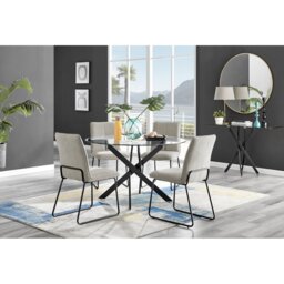 Tierra Modern Glass & Metal Round Dining Table Set & 4 Luxury Dining Chairs