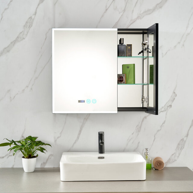 Led Bathroom Mirror Cabinet Black 2 Door With Anti-fog Demister Pad, Time And Temperature Display Illuminated Light,hd Mirror, 75 X 65cm Touch Sensors