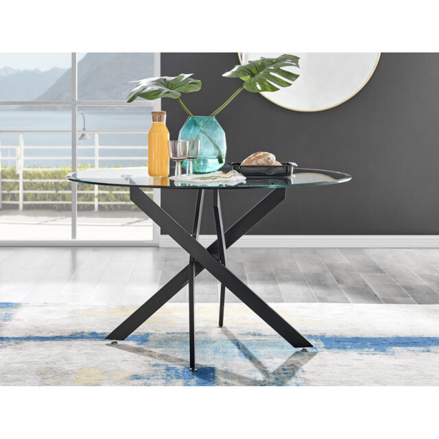 Tierra Modern Chrome Metal & Glass Round Dining Table Set with 4 Quilted Faux Leather Chairs