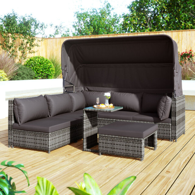 Grey Outdoor Rattan Lounge Set With Sunshade, Sofa And Table