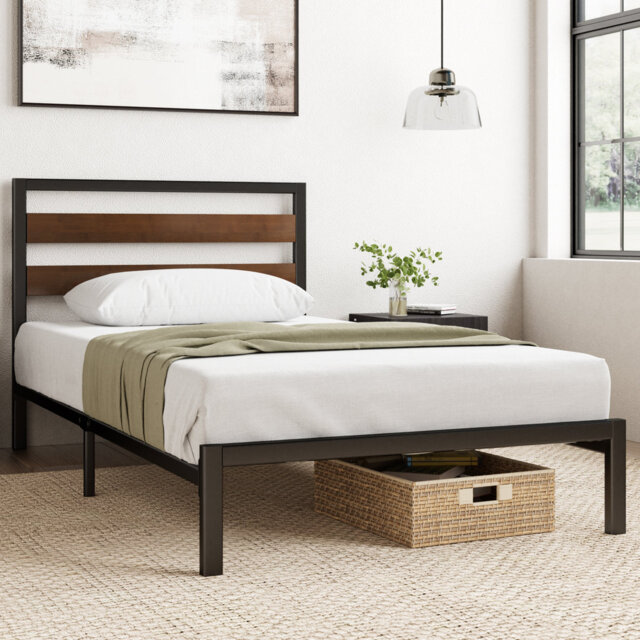 Alexee Modern Metal Bed frame with Bamboo slatted Headboard