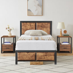 3 Piece Bedroom Set, Industrial Bed Frame with 2 Nightstands Set, Metal Platform Bed with Wood Headboard & Footboard, Farmhouse Bedroom Furniture Set