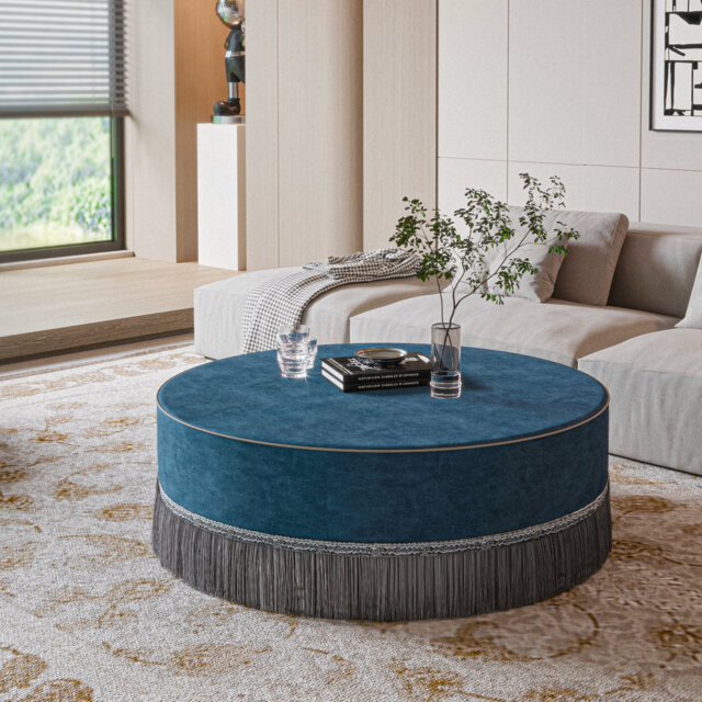 Upholstered Cocktail Ottoman Large Coffee Table for Living Room，Modern Round Cushioned Tassel Center Table Blue