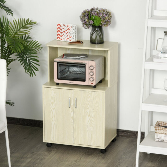 Kitchen Storage Unit, Modern Microwave Stand Trolley Cart, Sideboard With Cabinet, Locking Wheels, Shelf For Living Room, Dining Room
