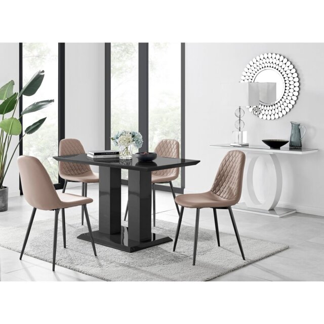Edzard Double Pedestal High Gloss Dining Table Set with 4 Luxury Faux Leather Dining Chairs