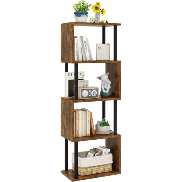 5Tier Tall Bookshelf S-Shaped Geometric Bookcase Wood Display Shelves With Storage Rustic Brown