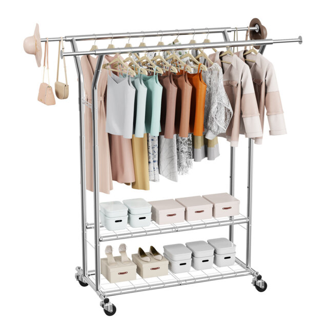 Clothes Rack, Rolling Clothing Garment Rack with 2 Hanging Rods and 2 Storage Shelves, 120 kg Load Capacity, Adjustable Height Carbon Steel Clothing R