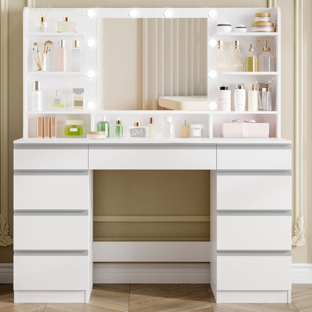 Dressing Table with Bulb/LED Light, Vanity Desk with 1 Large Drawer and 8 Small Drawer Cabinets, Adjustable Brightness, Large HD Mirror, 9 Open Storag