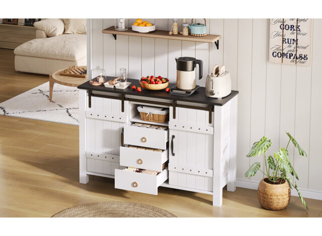 White Sideboard with Sliding Doors & 3 Drawers, 120 cm Rustic Wood Buffet Table for Living Room Storage