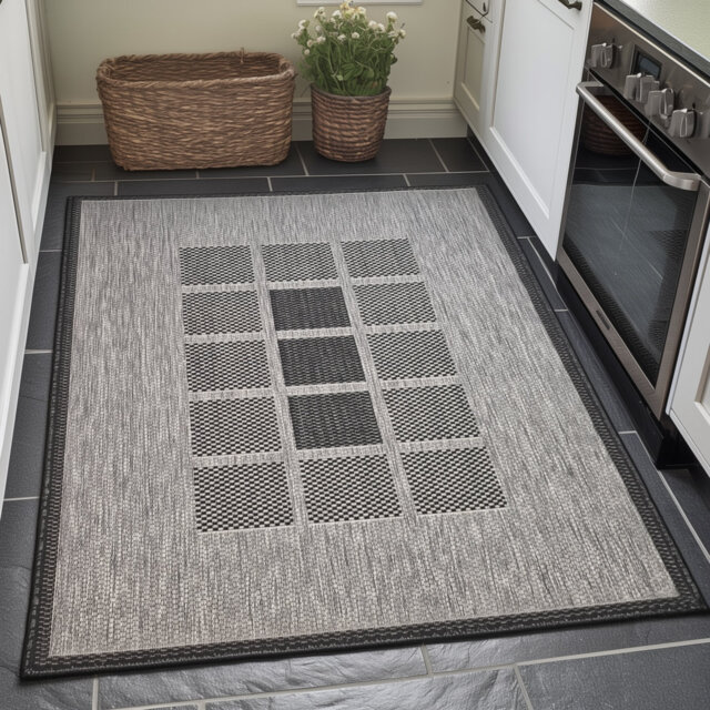 Gere Rug Non Slip Flat Weave Border Check Geometric Kitchen Living Room Carpet