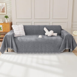 Chenille Sofa Cover For Corner Sofa With Tassel, 180 X 300Cm, Grey