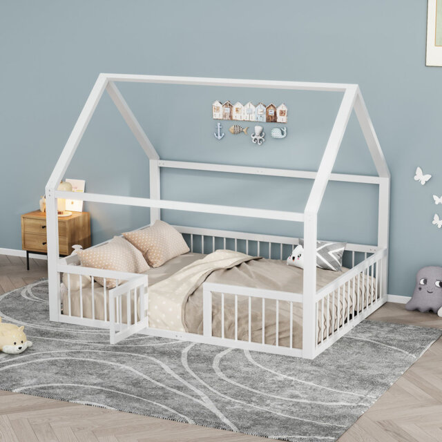 Metal Bed Frame 140 X 200 Cm With Roof Design & Guardrails