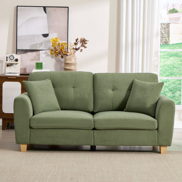 2-Seater Corduroy Sofa with 2 Throw Pillows, Deep-Seated Upholstered Couch with Square Arms