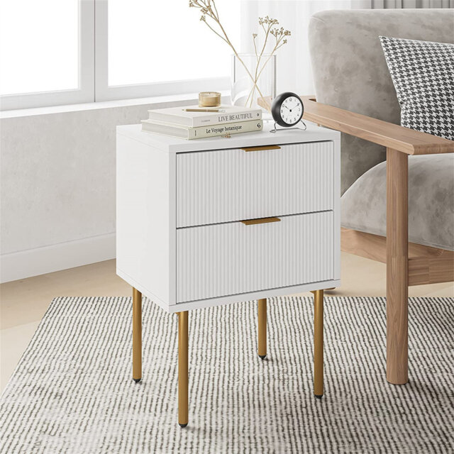 Bedside table, bedside table with 2 drawers, modern bedside table, boho bedside table for bedrooms, living rooms, white and gold