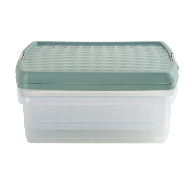 Wham Clip 2x 13.2L Square Plastic Storage Boxes with Secure Clip Lock Lids. L:39.5 x W:39.5 x H:12cm Clear/Green Milieu/Stone
