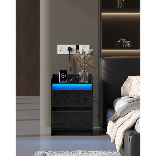 Bedside Table with LED Lights, Bedside Cabinet with Charging Station and 2 Drawers, Nightstand with USB Ports & Power Outlet, Nightstand for Living Ro