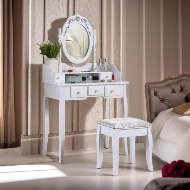 Arbaaz White Dressing Table With Mirror And Stool Vanity Desk Bedroom Furniture
