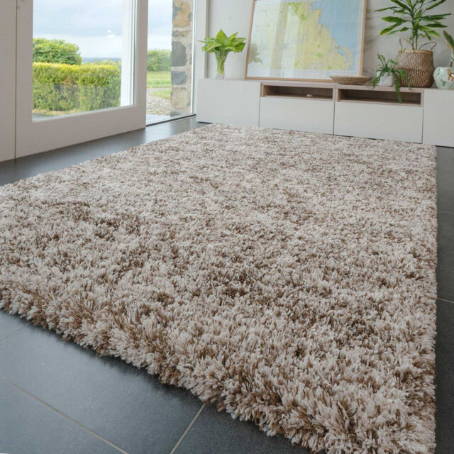 Geyer Beige Brown Shaggy Rug Soft Fluffy Deep Pile Mottled Warm Bedroom Mat